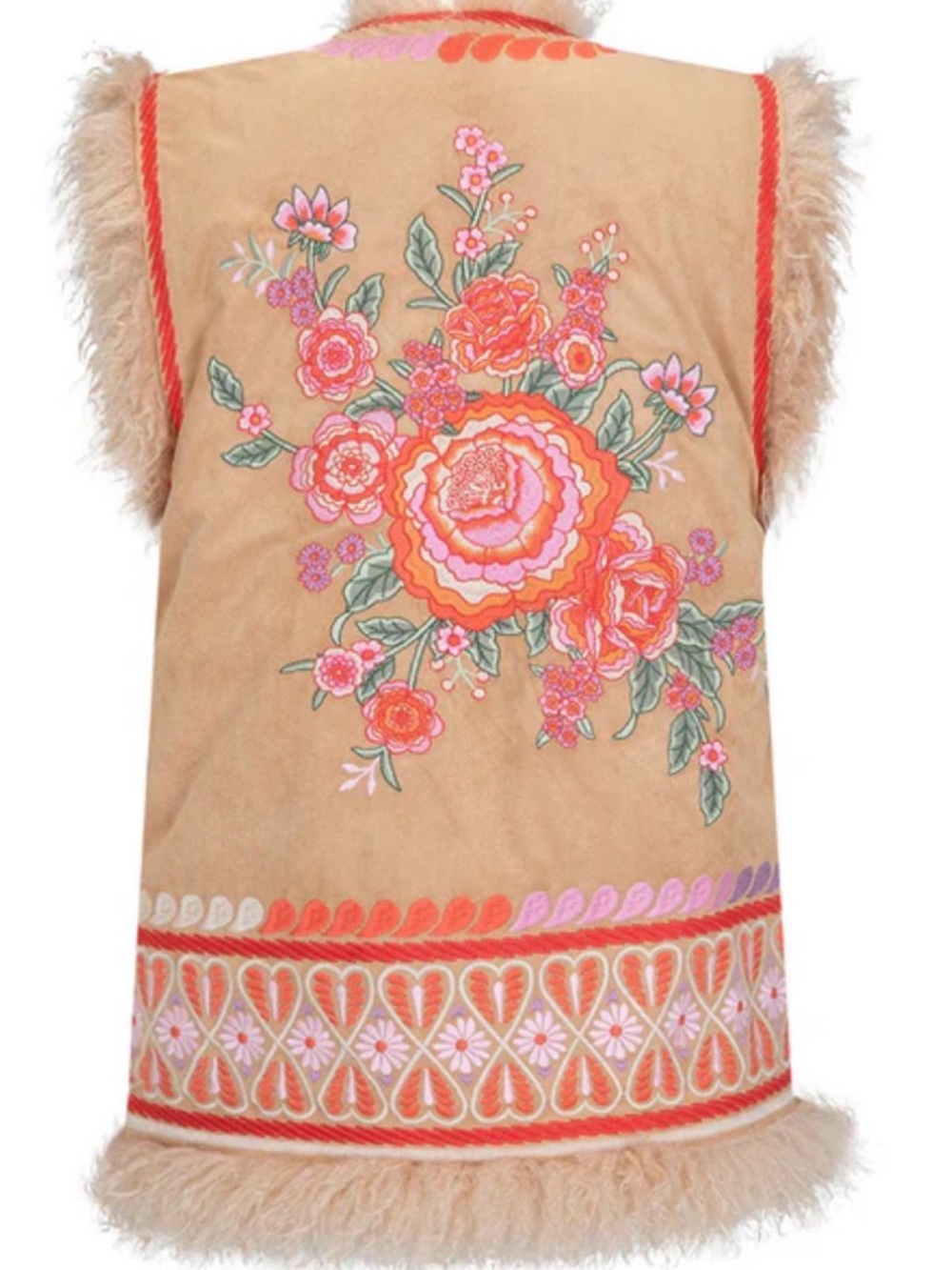 Spell Tan Floral Embroidered Faux Fur Trim Vest - Picture 5 of 9